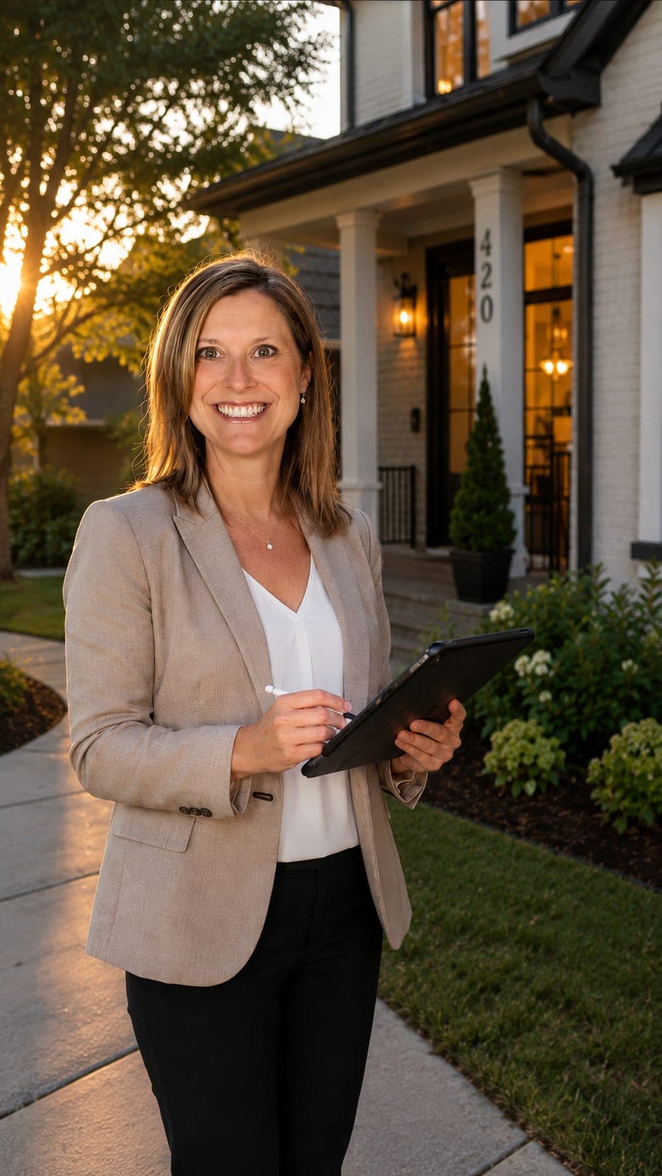 Property manager reviewing a home inspection on a tablet outside a managed Triangle home